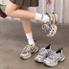 巴黎厚底老爹鞋女2025秋季新款真皮网面透气小个子增高休闲运动鞋