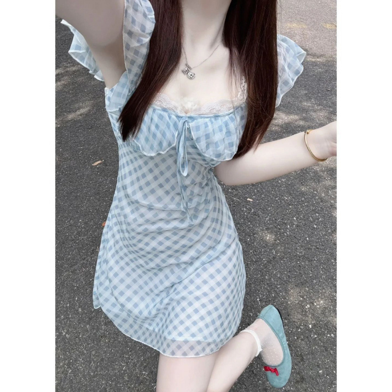 蓝色格纹吊带连衣裙子女2025新款夏季小个子收腰又甜又辣字短裙|undefined