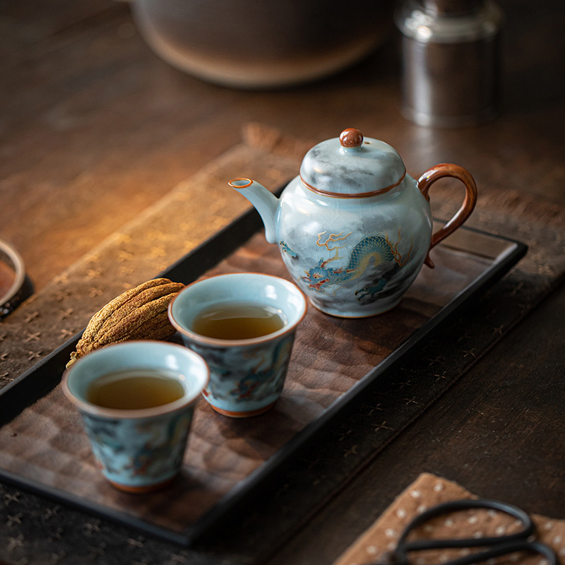 天青汝窑祥龙一壶二杯茶具套装开片可养陶瓷茶壶茶杯送客户伴手礼|undefined