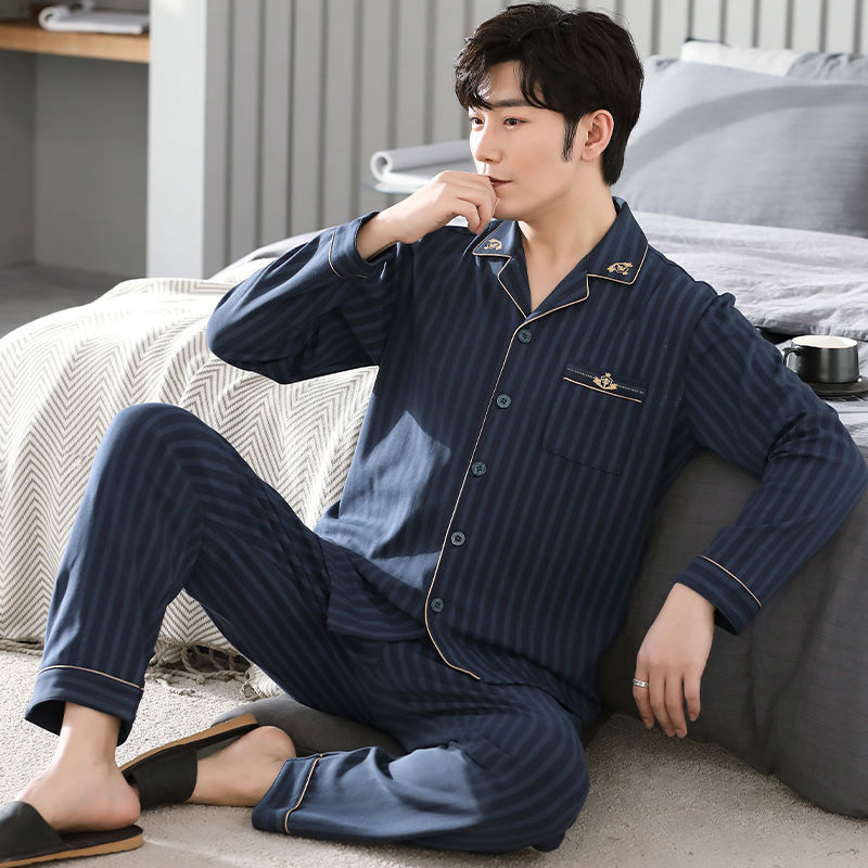 Pijamas de algodón los hombres traje manga larga primavera y otoño cardigan más tamaño desgaste exterior delgada desgaste del hogar verano