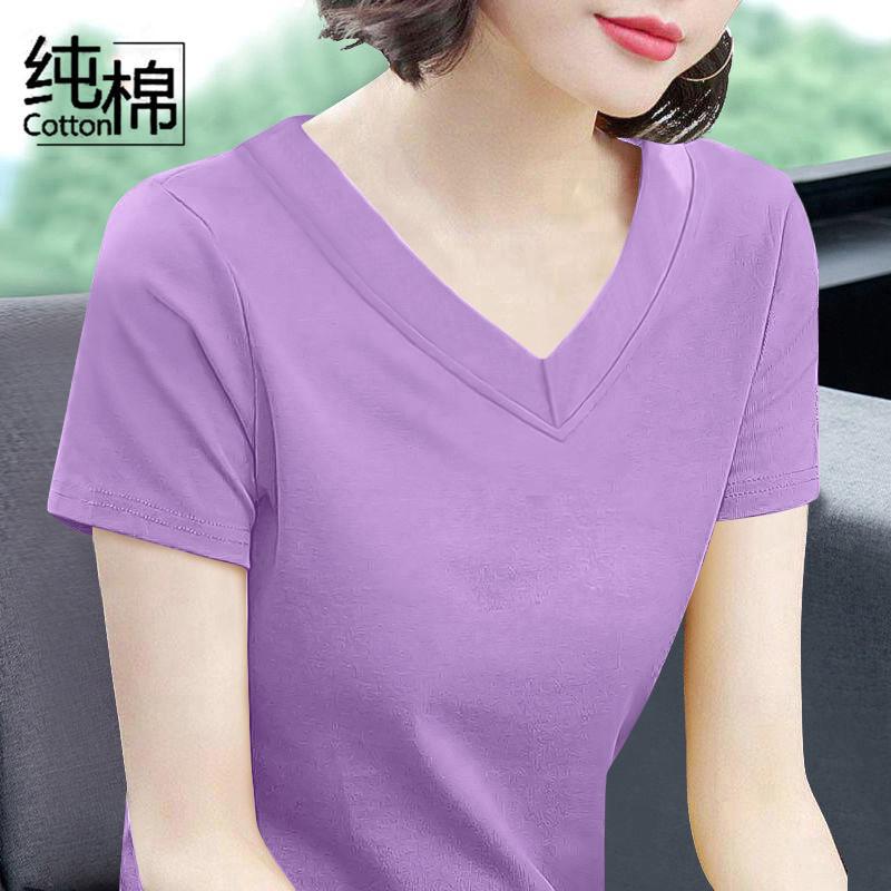 v字领t恤女短袖纯棉上衣女内搭新款纯色宽松大码鸡心领纯色打底衫