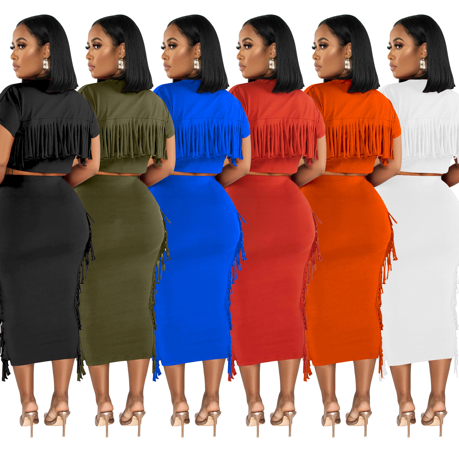 X6331 transfronterizo AliExpress Amazon ropa de mujer de moda europea y americana borla de color sólido cuello redondo Vestido de manga corta conjunto de dos piezas