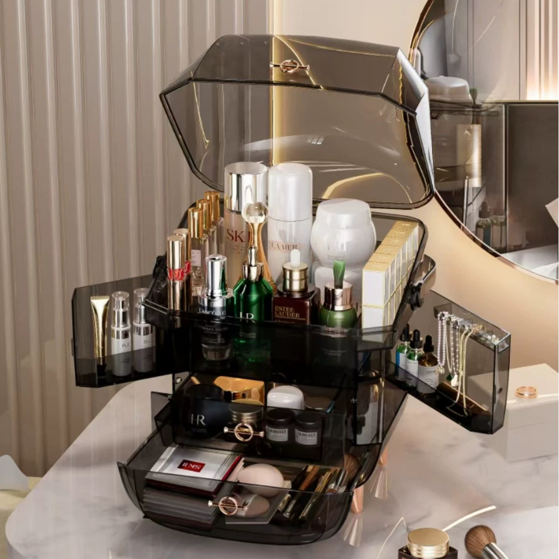 Caja de almacenamiento de plástico de lujo ligero para el hogar Caja de almacenamiento de cosméticos tipo cajón Gabinete de almacenamiento a prueba de polvo de escritorio de alta calidad