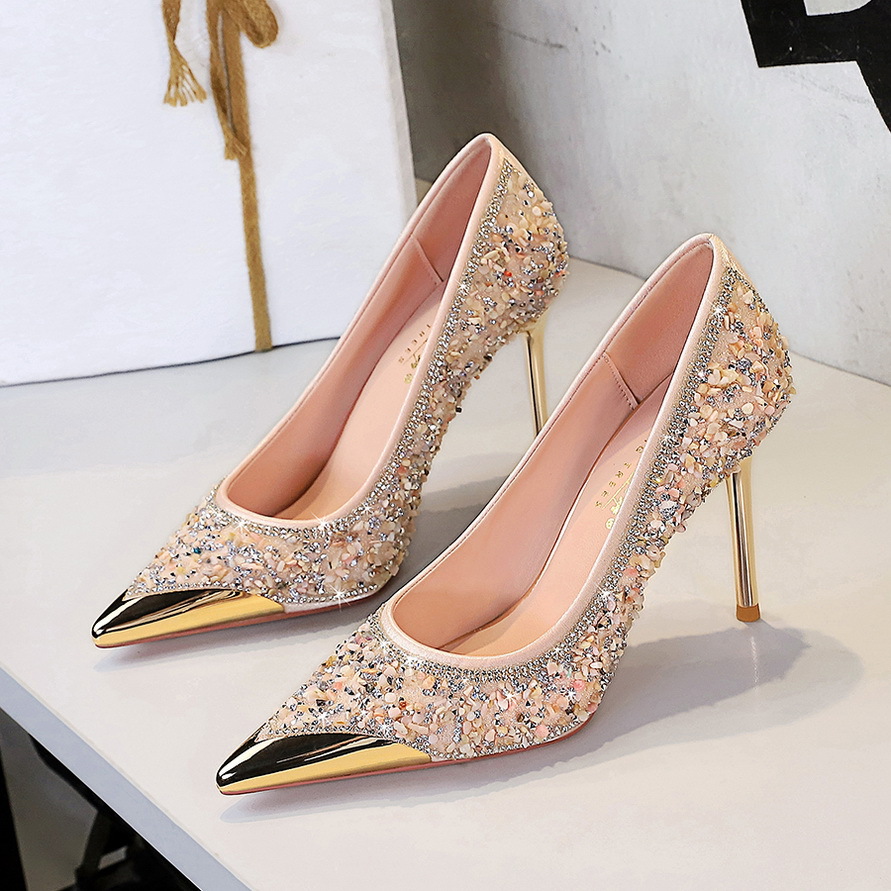 High heels stiletto heels with rhinestones pointed-toe