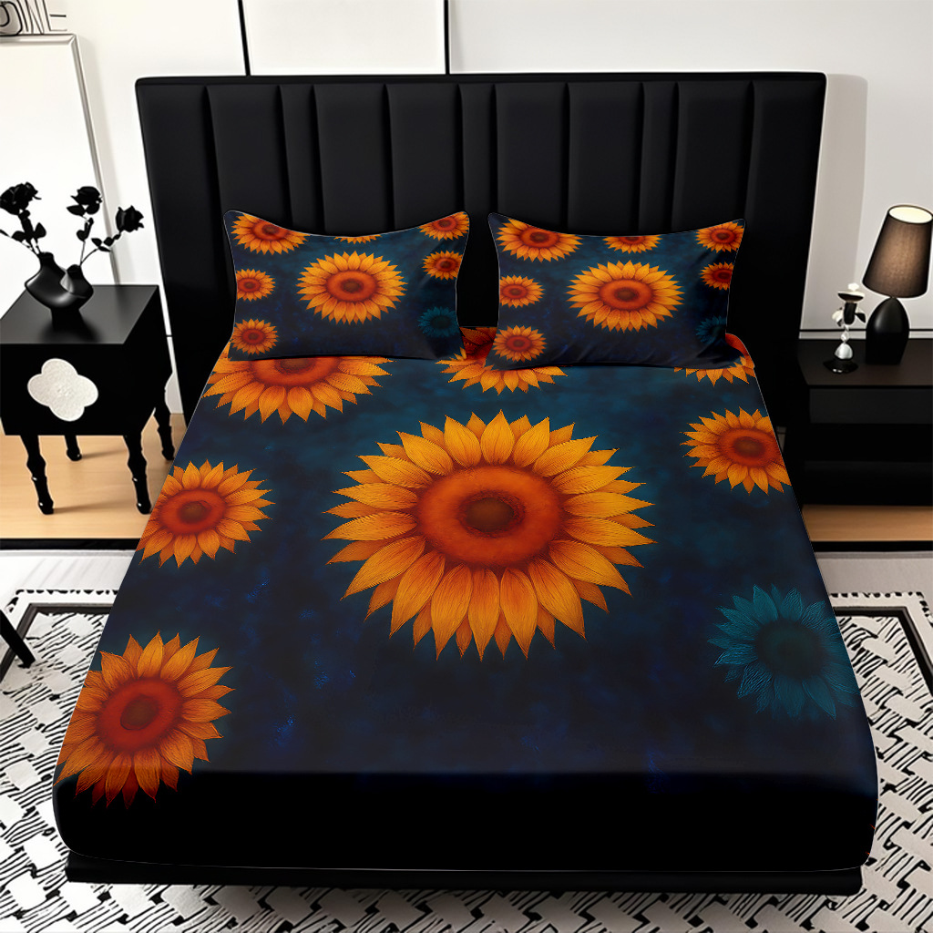 Comercio exterior transfronterizo textil doméstico patrón de girasol impresión digital 3D cama de molienda de tres piezas JIT modelo Temu