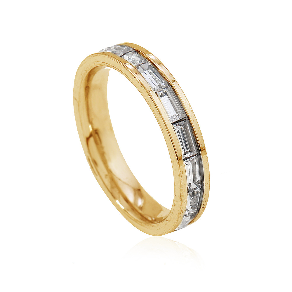 Moda transfronteriza gypsophila luz lujo sentido de diseño rectángulo circón con incrustaciones de diamantes pareja anillo de acero de titanio joyería de acero inoxidable