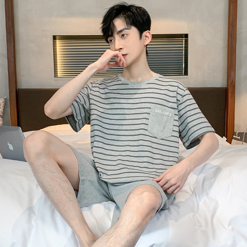 Summer New Cotton Round Neck High-grade Grey Striped Thin Pajamas Two-piece Short-sleeved Shorts suit Men's Outwear
