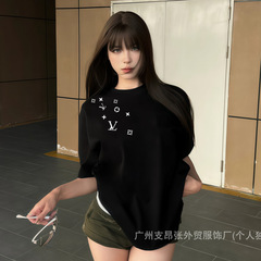 L家高品质25新款驴家侧背四叶老花印花短袖男女宽松T恤圆领1v纯棉