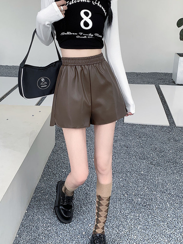 Pants high waist slimming New straight draping outerwear shorts wide leg casual pants women 20 Boots Black PU leather autumn and winter 23