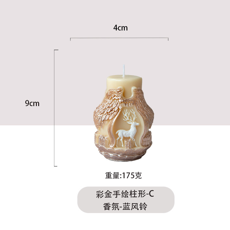 跨境热销彩金手绘柱形蜡烛造型香薰蜡烛装饰饰品花绘法式优雅高级|undefined