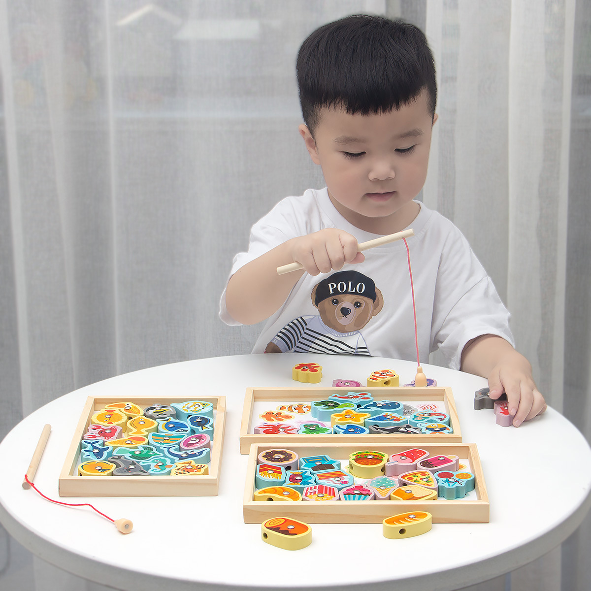 Weiweihu niños con cuentas de madera con cuerda, entrenamiento para bebés, concentración, magnético, juguete educativo de pesca dos en uno