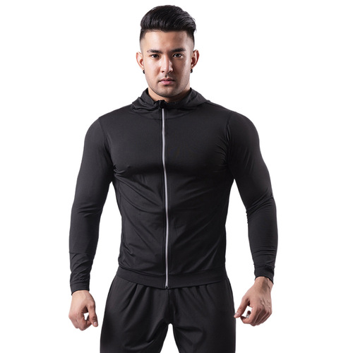 Black hooded sports jacket for men with velvet to keep warm in winter high-elasticity and quick-drying basketball training running fitness clothing