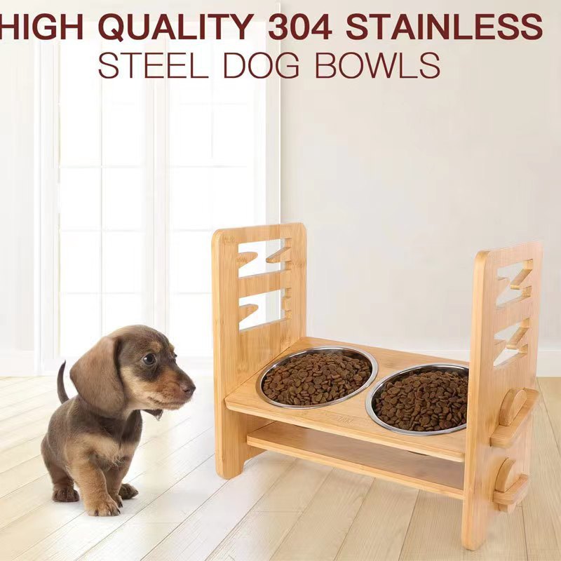 Amazon Simple Pet Dog Bowl Rack de comida para perros de bambú y madera Rack de tazón de mesa de comedor para perros de doble tazón de madera ajustable