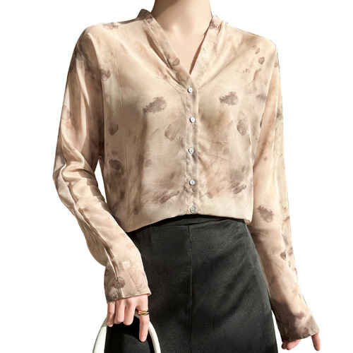 Early Spring New Fashion V-Neck Elegant Women's Satin Print Long-Sleeve Slim Fit Minority Shirt