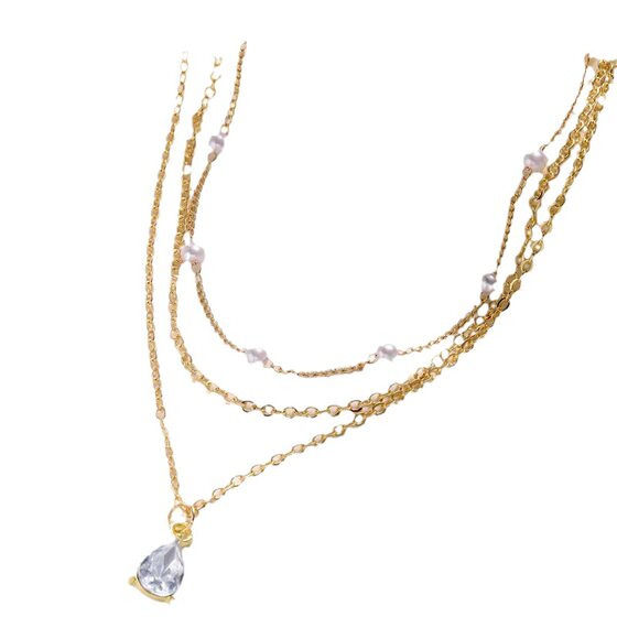 Cross-border European and American explosions simple wind three-layer imitation pearl drop-shaped crystal pendant stacked necklace clavicle chain wholesale