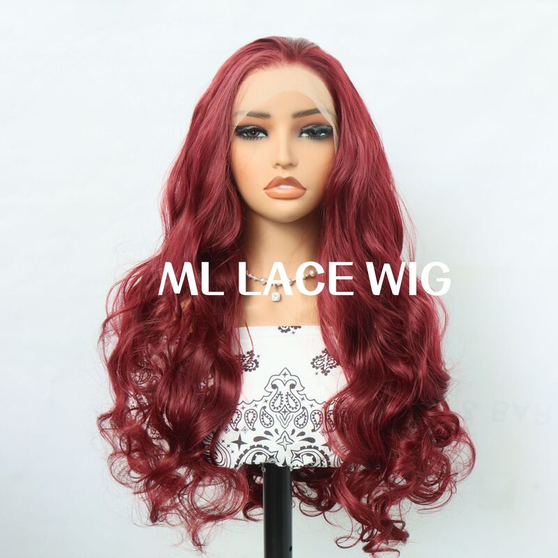 13*4 Lace Front Hand-Tied Wig, Burgundy Color, Natural Realistic Everyday High-Temperature Fiber Long Curly Hair, Suitable for Daily Use