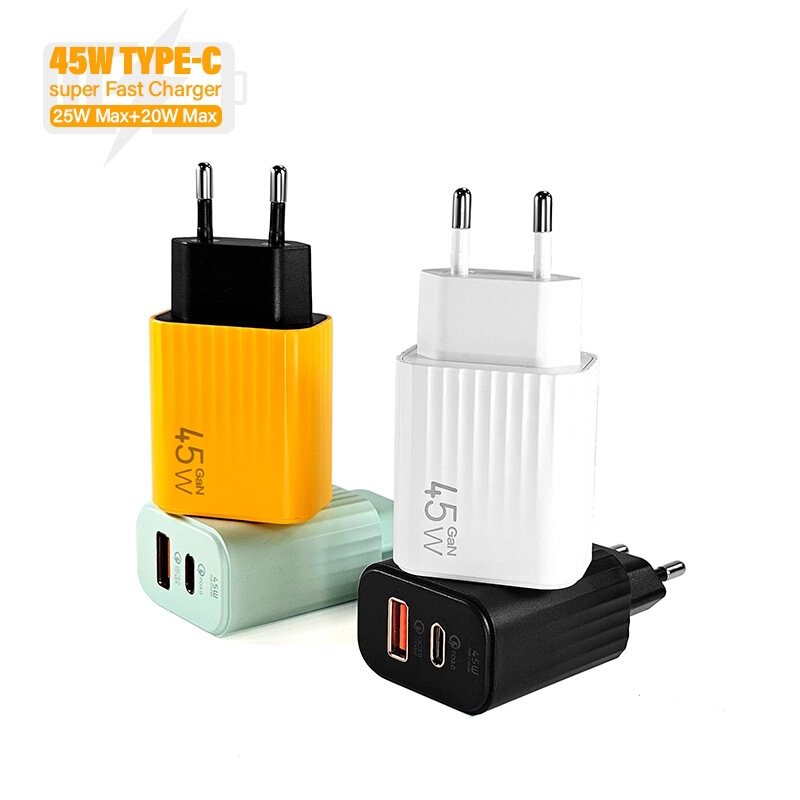 Neutral Eu Us Uk Plug Mobile Phone Fast Charger Dual Port USB Type C Power Adapter Pd 45W