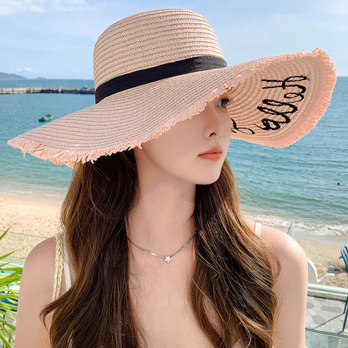 Summer large-brimmed embroidered sunscreen straw hat for women, fashionable simple letter bow ribbon sun hat, sweet sun hat