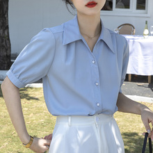 蓝色短袖衬衫女夏季设计感小众公务员雪纺衬衣感职业面试上衣