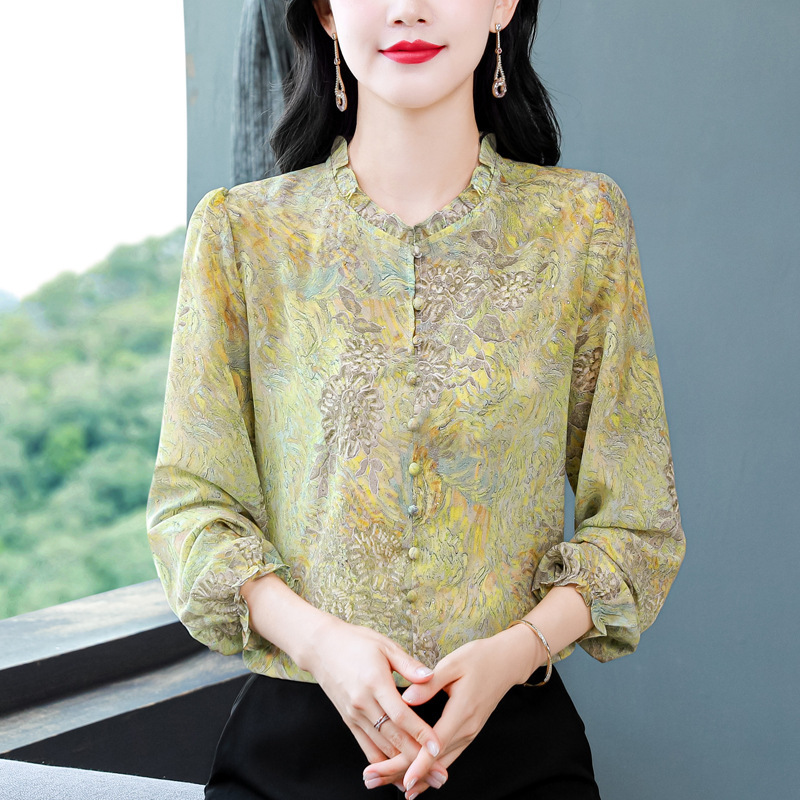 2025秋季新款长袖烫金印花桑蚕丝雪纺衬衫气质大码洋气女装批发|undefined