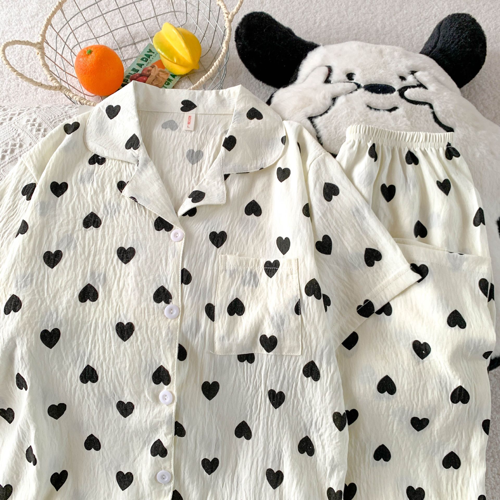 Volumen de carrera transfronterizo verano nuevo pijama amor de las mujeres pantalones cortos largos de manga corta traje de tres piezas de algodón nube ropa de hogar se puede usar afuera