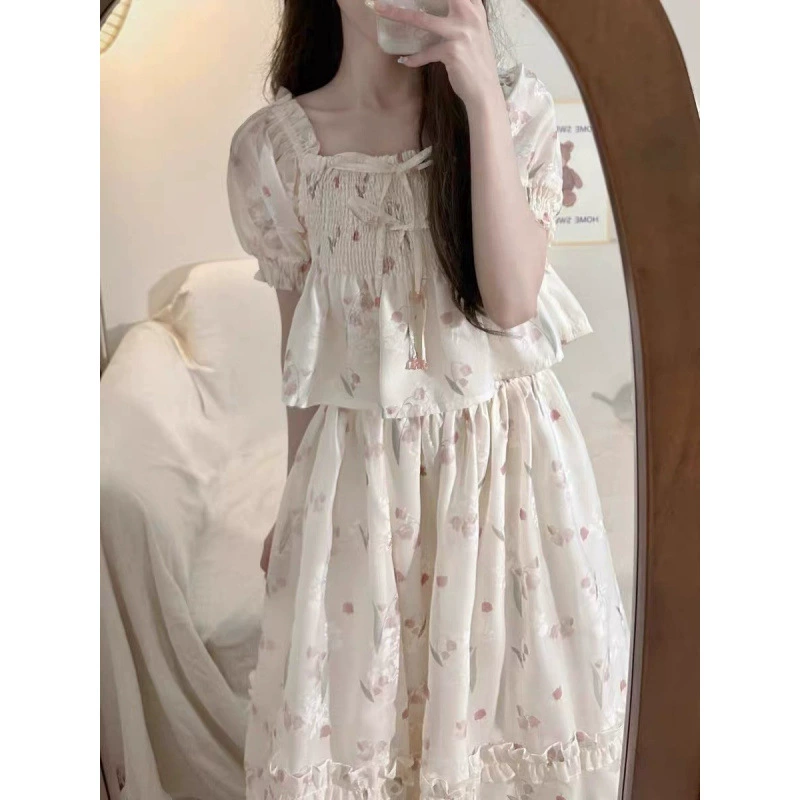 Нежный стиль, милый цветочный пышный рукав, летний новый свободный утягивающий короткий топ с высокой талией, юбка, костюм для женщин