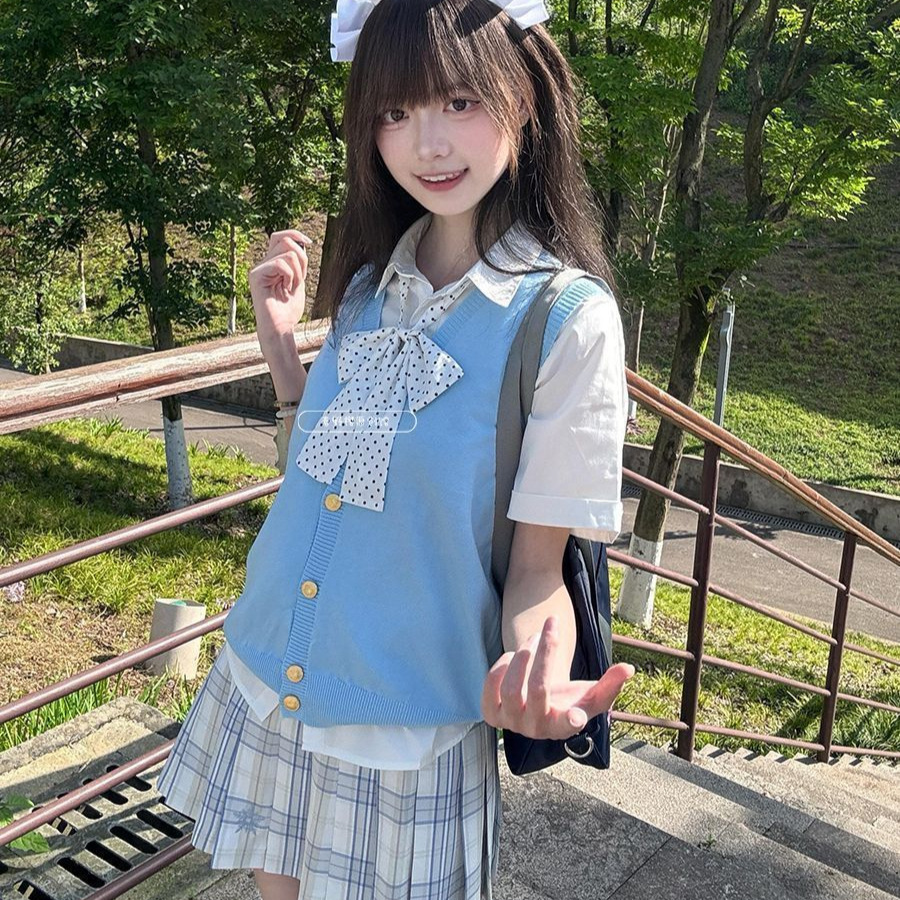 学院风jk制服日系天蓝针织开衫马甲叠穿基础白色衬衫校供上衣套装