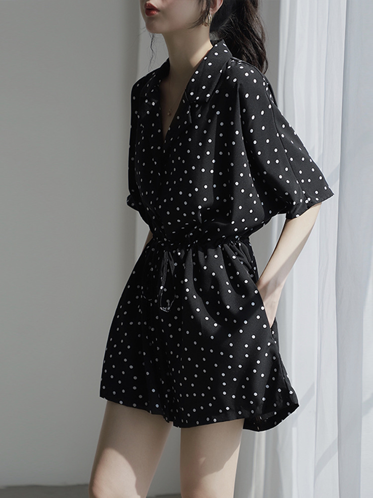 波点连体裤年夏季女宽松显瘦气质薄款领雪纺阔腿裤连衣短裤