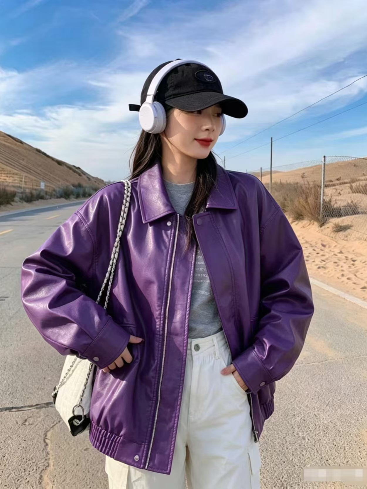 Qadın üçün süni dəri moto jaket, slim və plus ölçülər