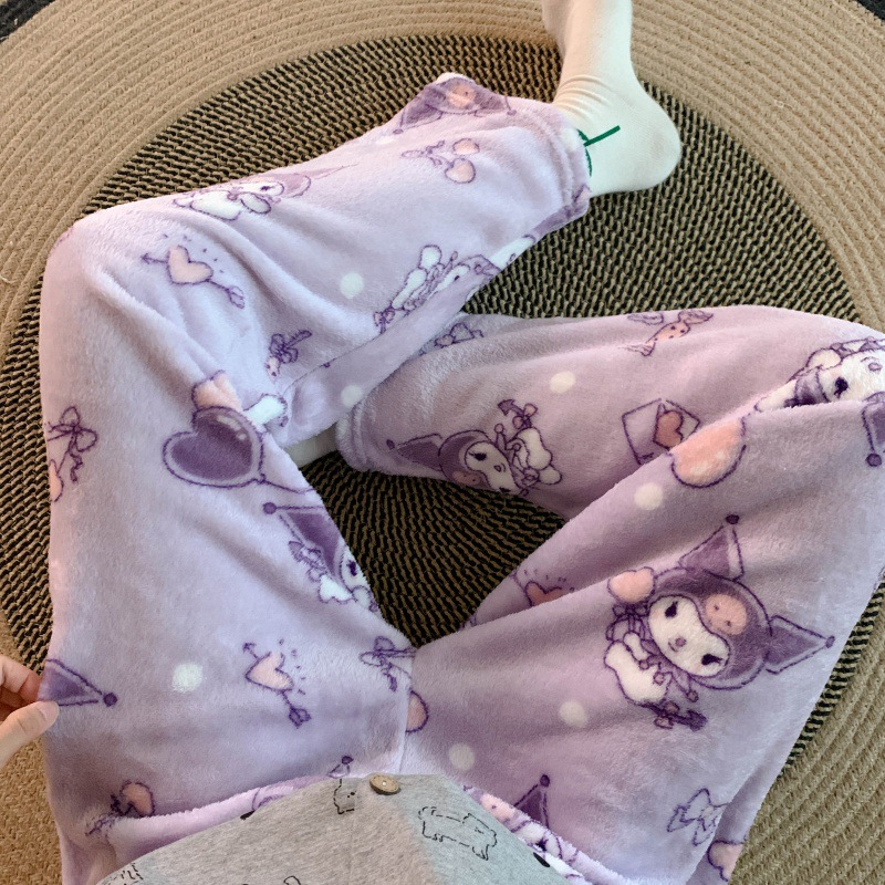 Pantalones de pijama de franela de dibujos animados de otoño y invierno para mujeres con pantalones de lana de coral caliente para estudiantes de lana de invierno para el hogar