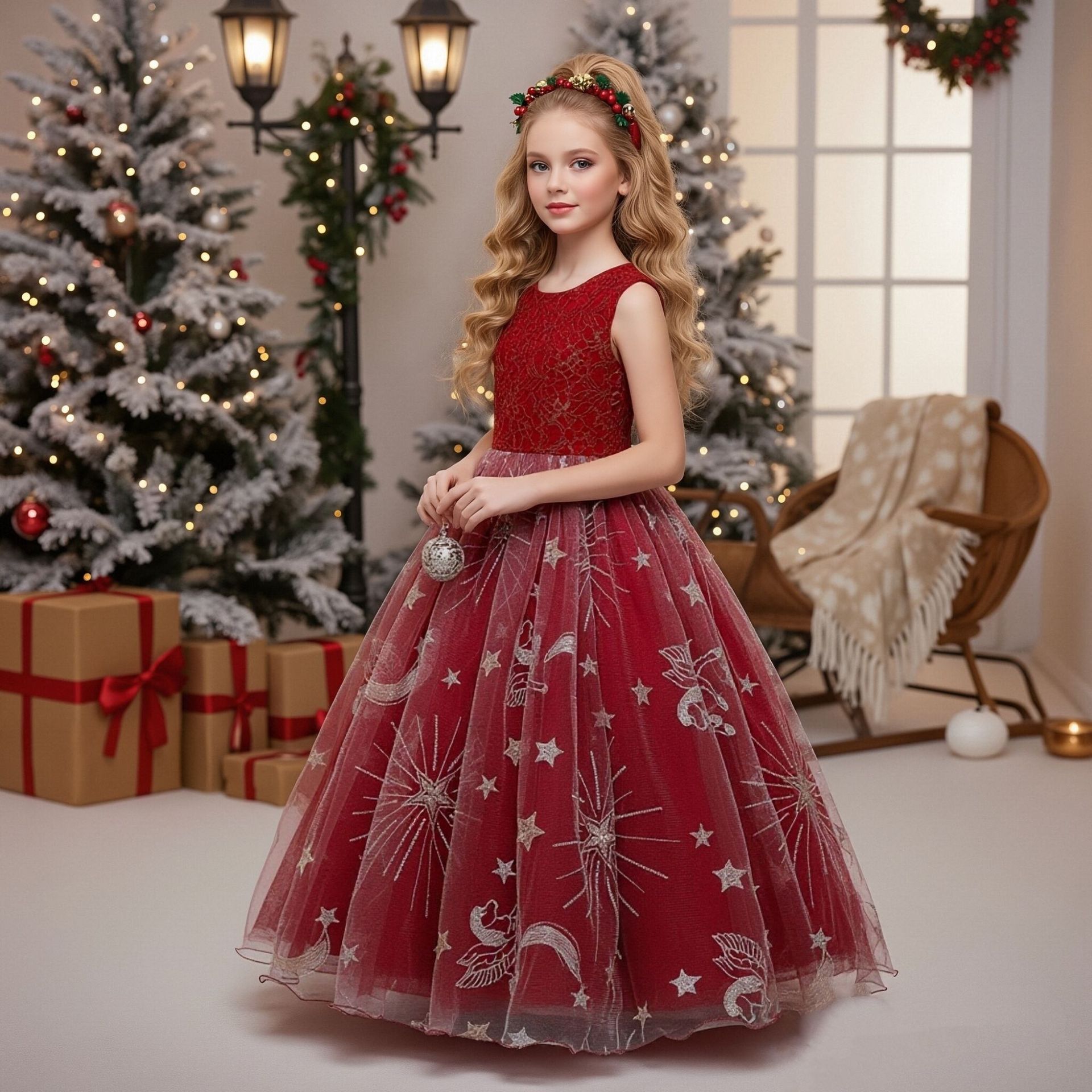 (Cross-border trading), children's dress, starry sky, long skirt, with embroidery, Birthday gift 4