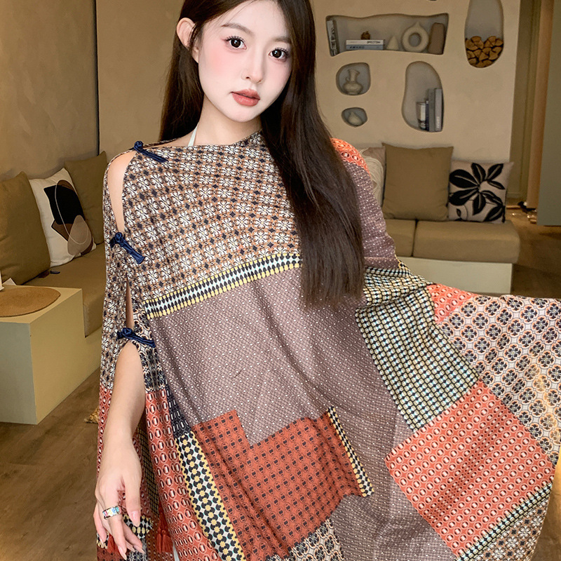 女性用夏の日焼け止め薄いショール、カラフルなストライプのボタン付きエスニックスタイルの旅行着用シルクスカーフ、海辺のビーチガーゼスカーフ|undefined