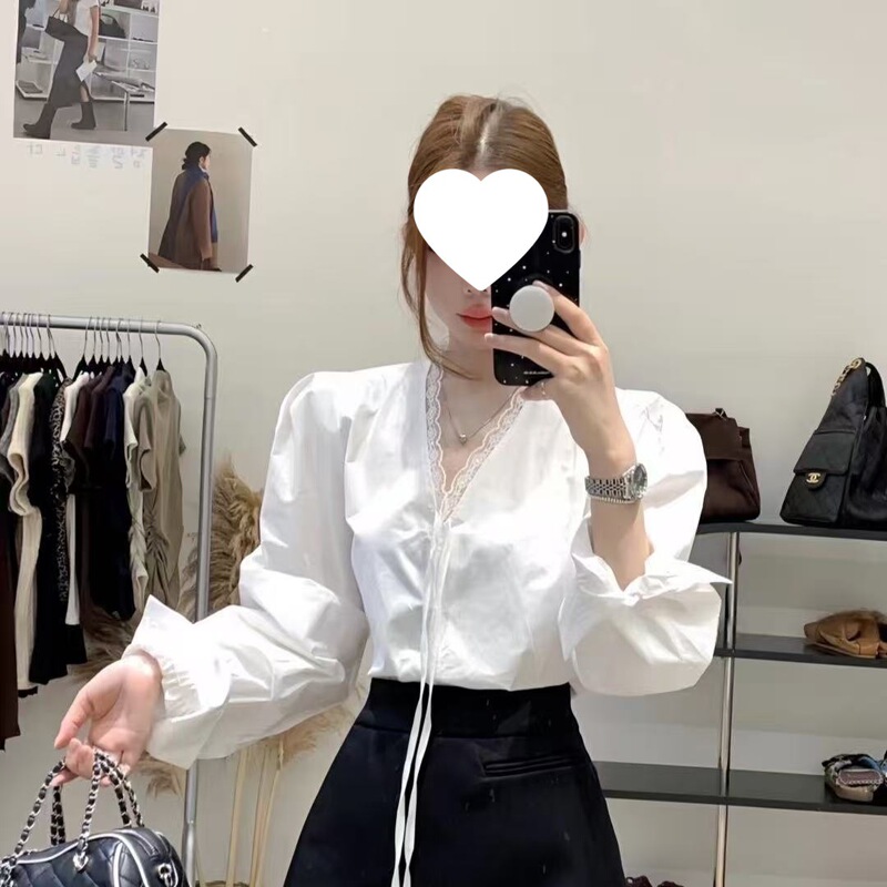 韩系风格早秋穿搭一整套女蕾丝花边V领系带长袖衬衫半身裙两件套|undefined