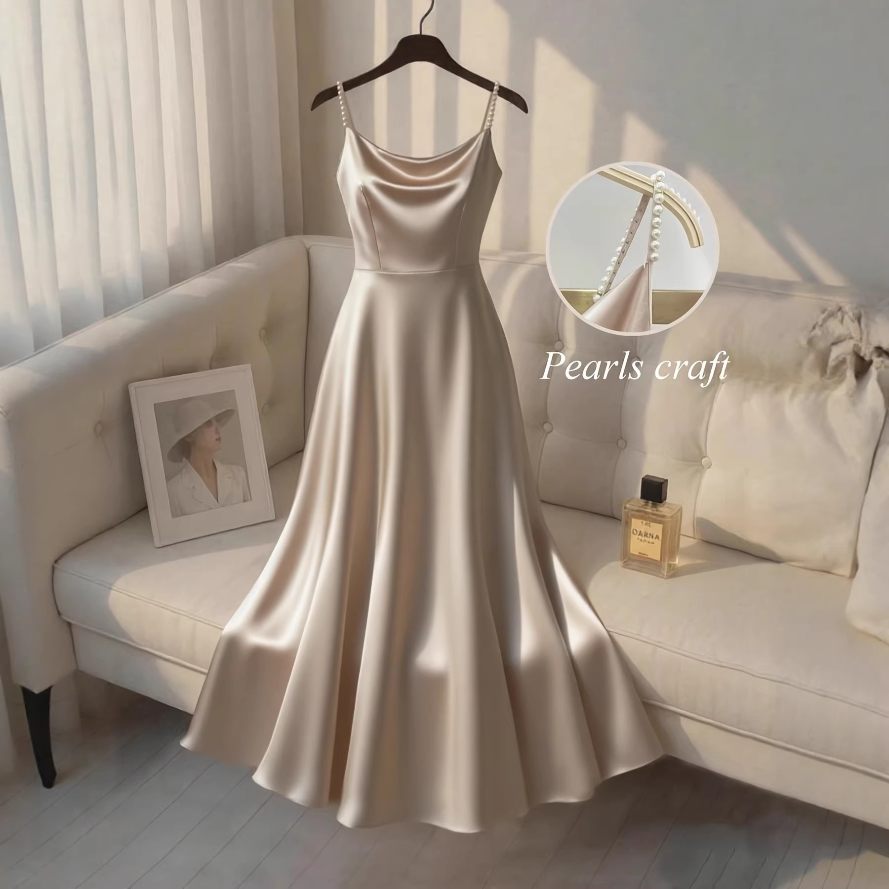 European and American New Style Cross-Border Solid Color Elegant Dress with Straps, Hand-Beaded Waist-Cinching Satin Gilded Dress for Women