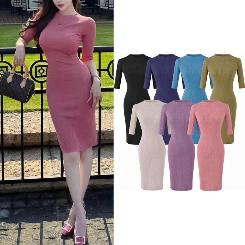 Cross-border export, half-high collar, ribbed knit dress, slim-fit, figure-flattering, five-quarter sleeves, solid color, bodycon, mid-length dress Cross-border export, half-high collar, ribbed knit dress, slim-fit, figure-flattering, five-quarter sleeves, solid color, bodycon, mid-length dress
