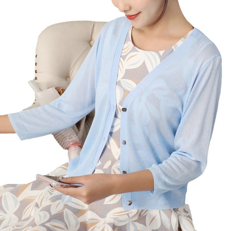 Dalang spring dopamine wear new spring and summer V-neck 3/4 sleeve flash silk ice silk sweater cardigan