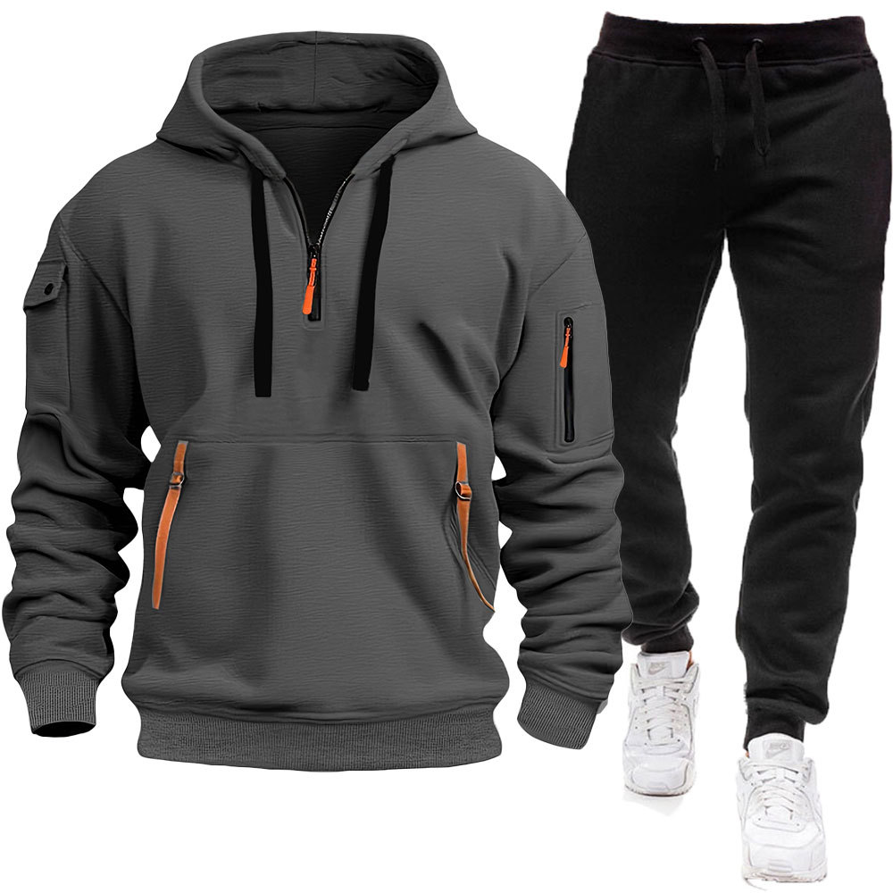 New cross-border spring and autumn men's hoodie set with zipper and multiple pockets, pullover casual sports suit