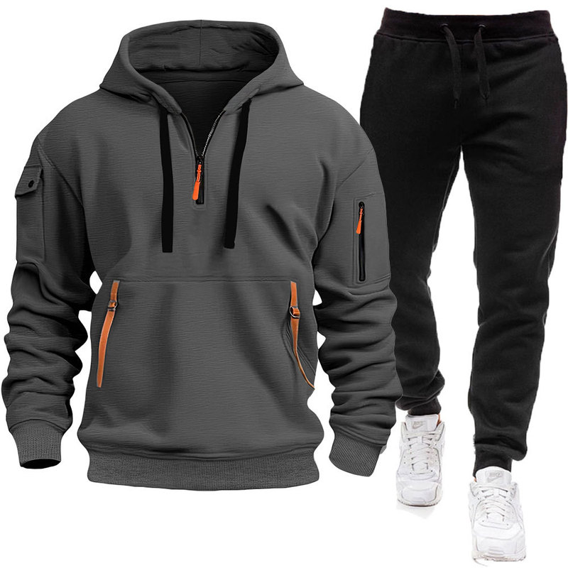 New cross-border spring and autumn men's hoodie set with zipper and multiple pockets, pullover casual sports suit New cross-border spring and autumn men's hoodie set with zipper and multiple pockets, pullover casual sports suit