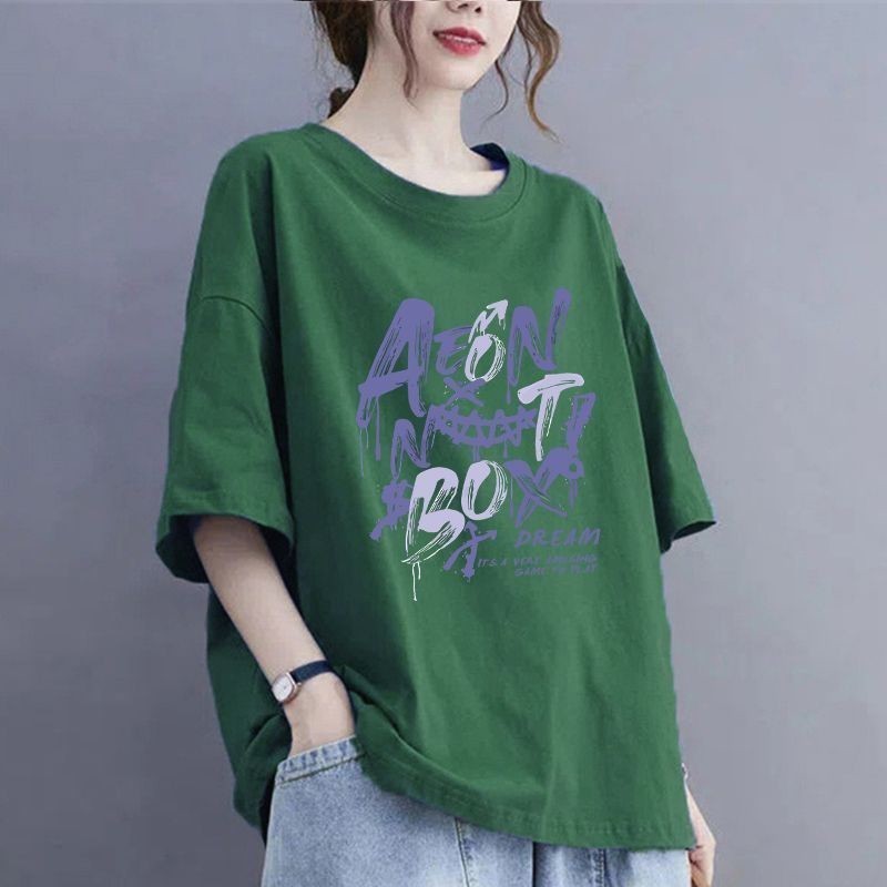 100kg 夏大きいサイズの純綿 Tシャツ半袖ルーズお腹カバーシャツアウターウェア痩身カバーフlesh ラウンドネックトップ女性用|undefined