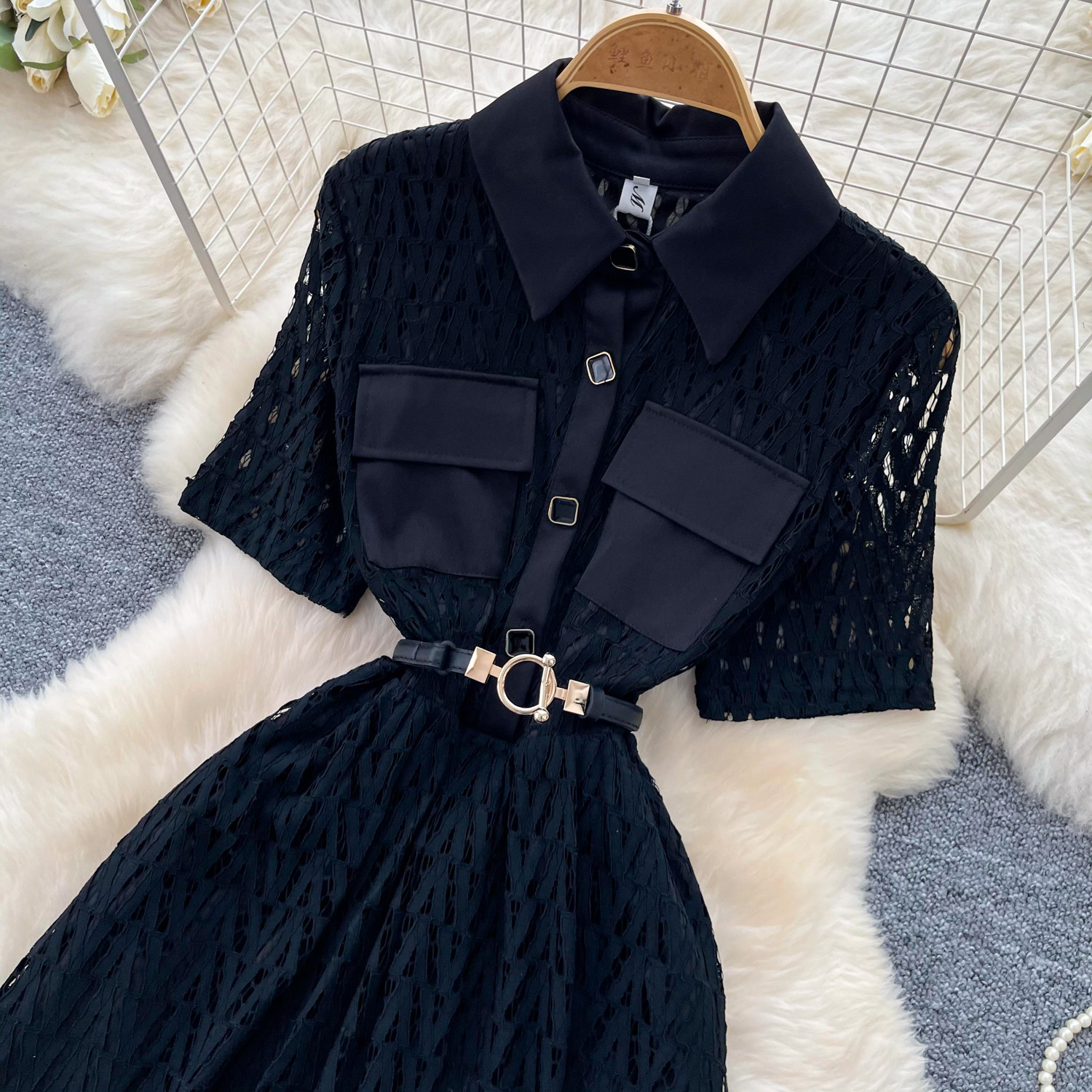 French-Inspired Lace Dress With Tie Waist - Elegant Black A-Line Midi Dress For Women_ecoleips.com