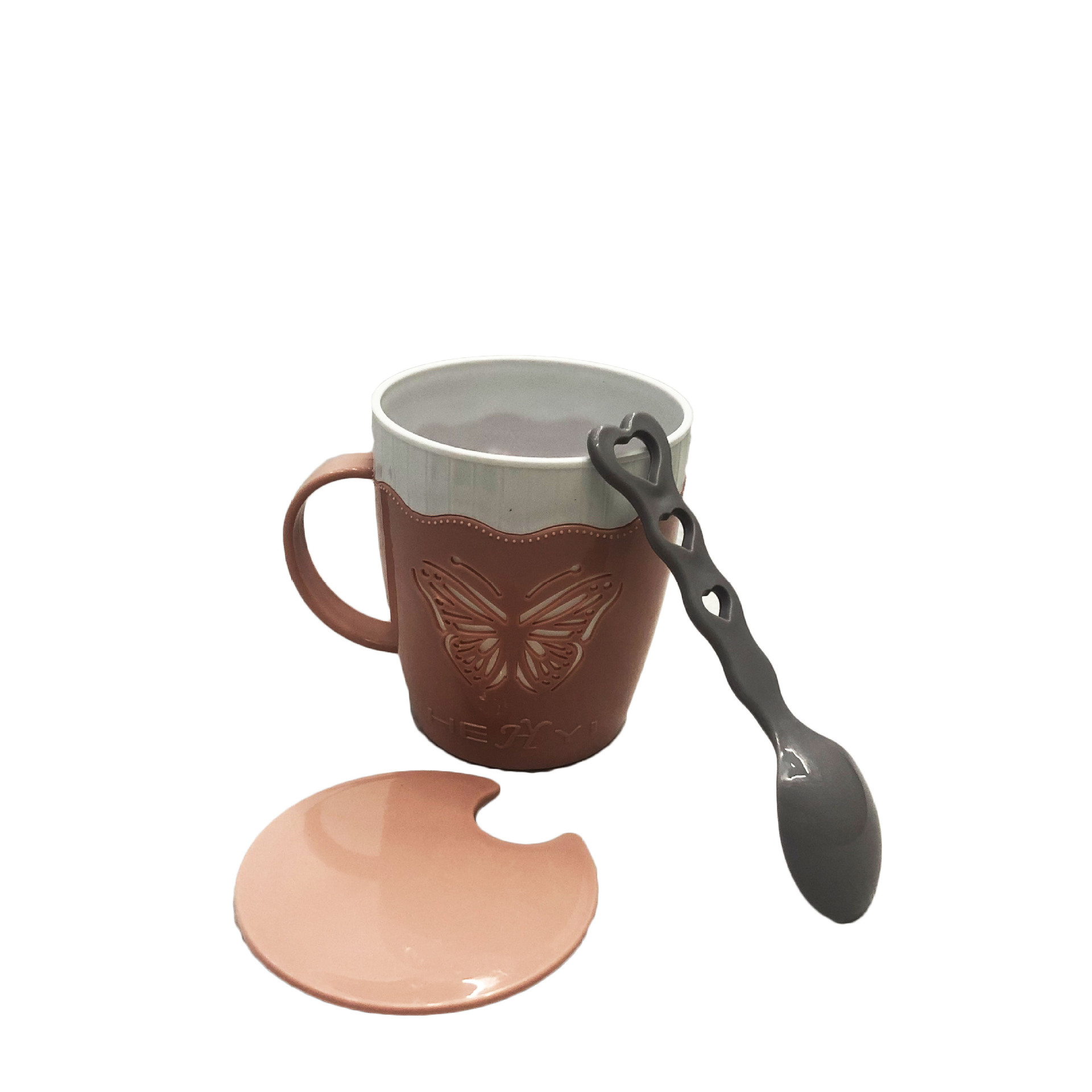 高级带柄双层OK盖杯蝴蝶带盖下午茶杯带勺子塑料咖啡杯RS-201561详情11