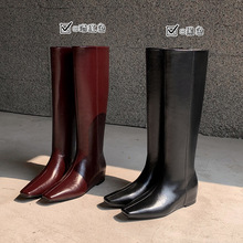 牛皮版~秋冬新款内增高方头后拉链直筒骑士靴时尚气质高筒长靴女