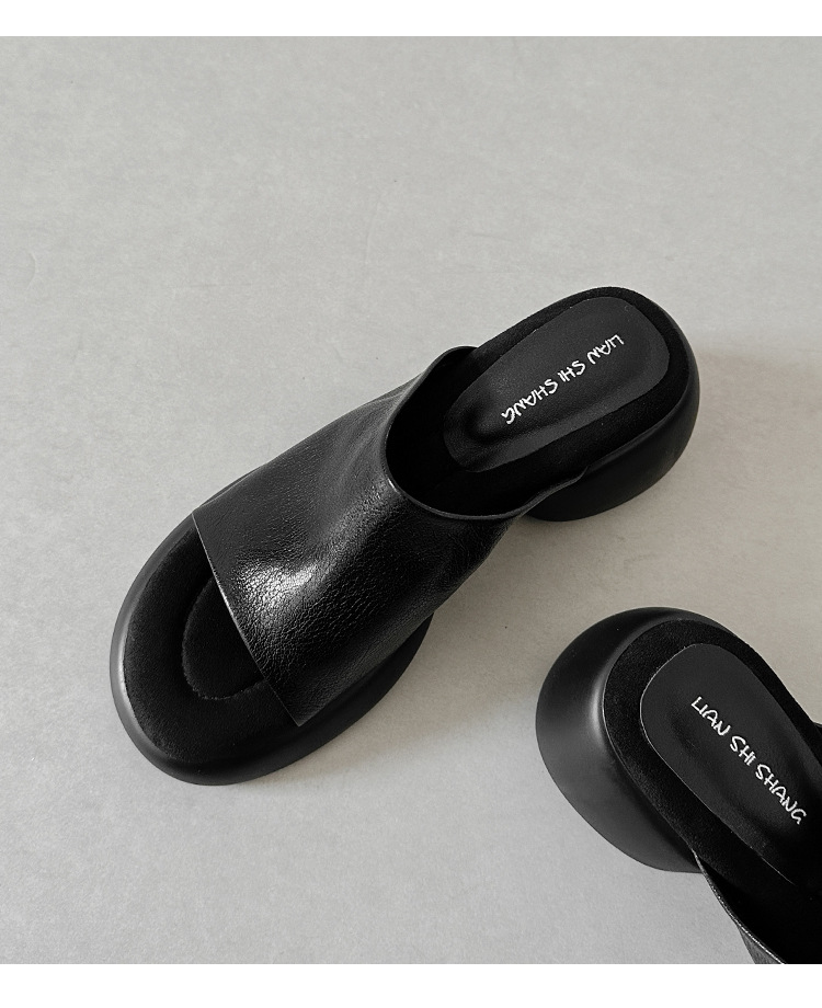 Dép lê nữ da cừu đế dày 7 cm, sandal hở mũi tăng chiều cao — đen chi tiết 23