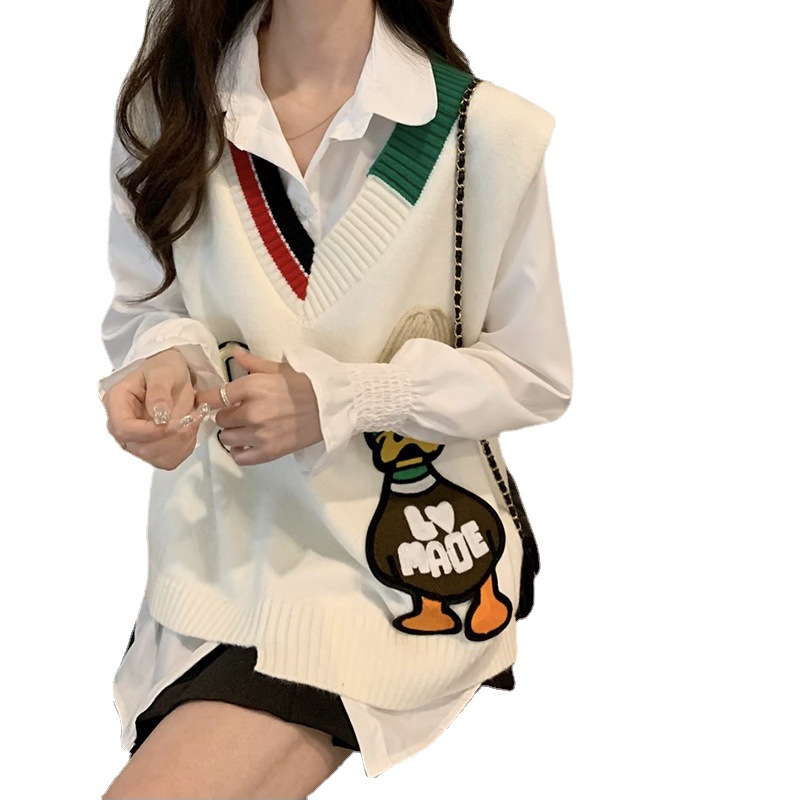 Chaleco de punto chaleco sin mangas de las mujeres primavera y otoño 2024 Nuevo diseño con cuello en V contraste color suelto apilado bottoming top