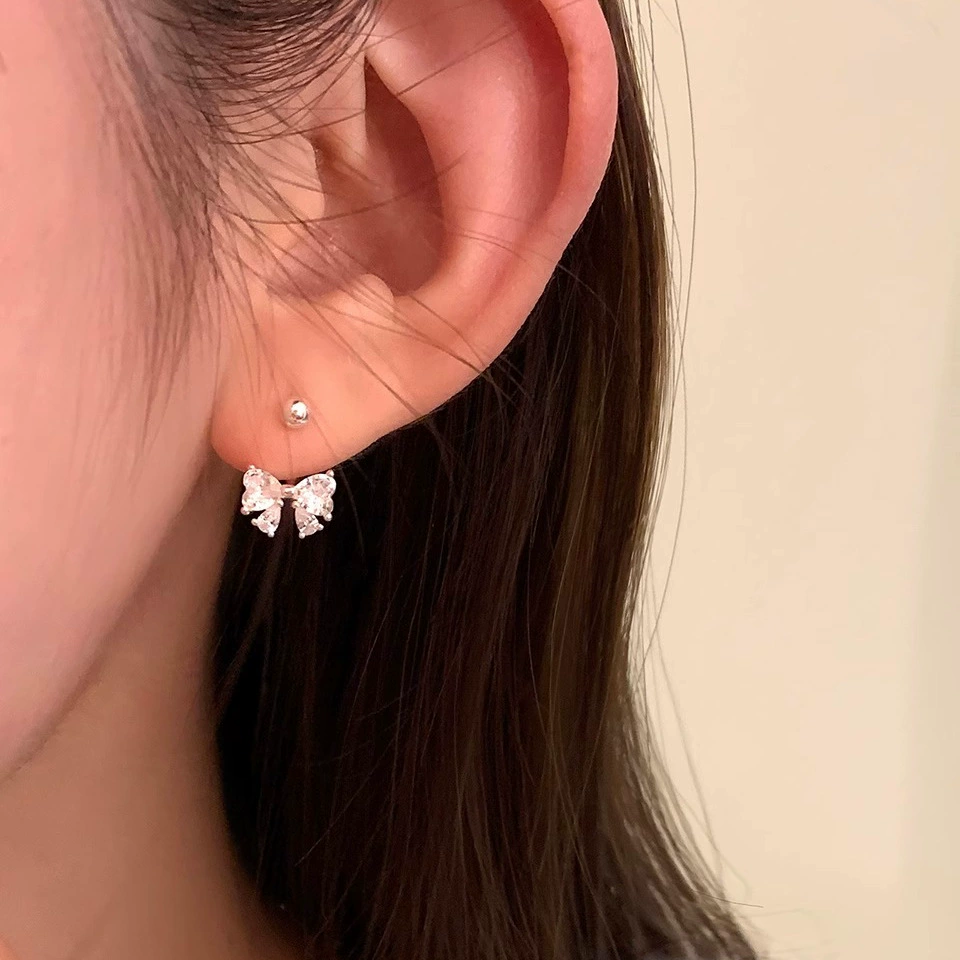Серебряная игла, бренд цирконий с бантом, модные милые серьги, стиль легкая роскошь, высококлассный стиль, оптом