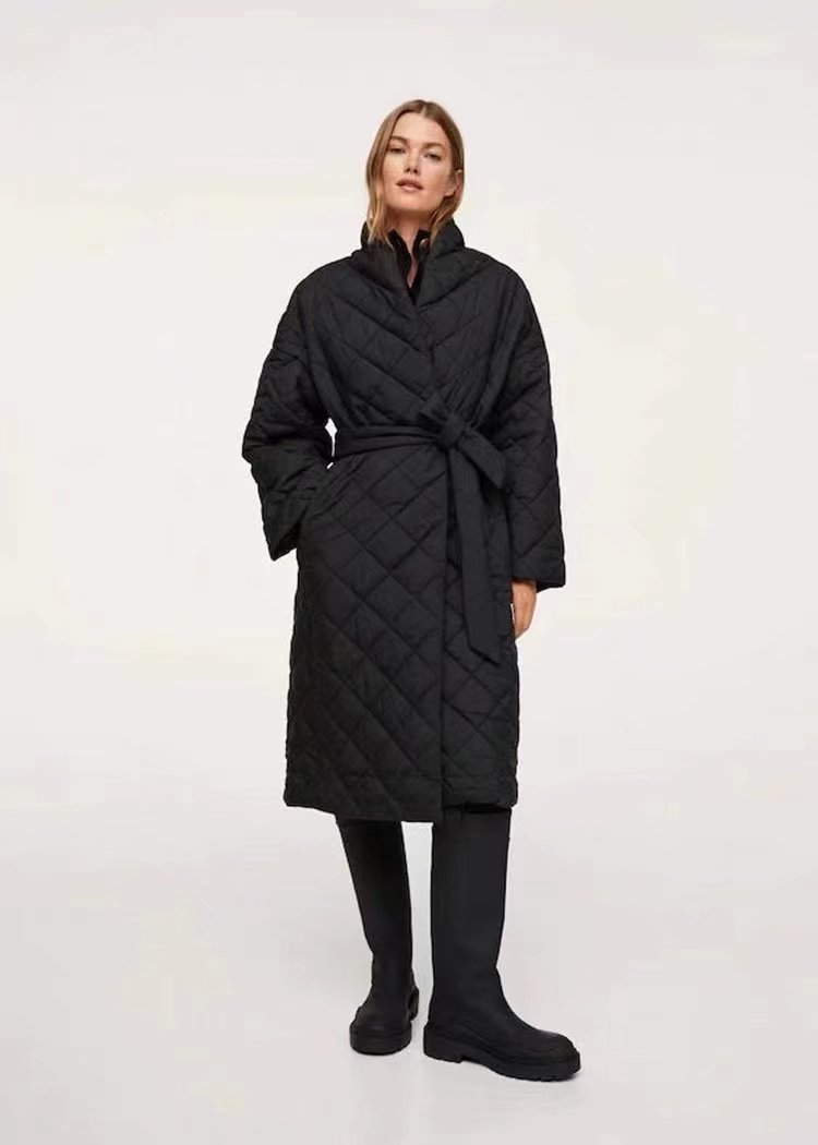 autumn and winter long solid color with belt padded coat nihaostyles wholesale clothing NSAM89056