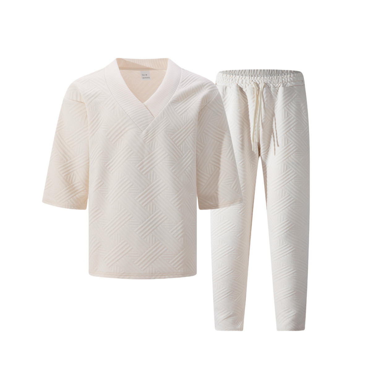 Men's Clothing Casual Short Sleeve V Neck Solid Color Jacquard Set American Style Summer Wear_viptrois.com