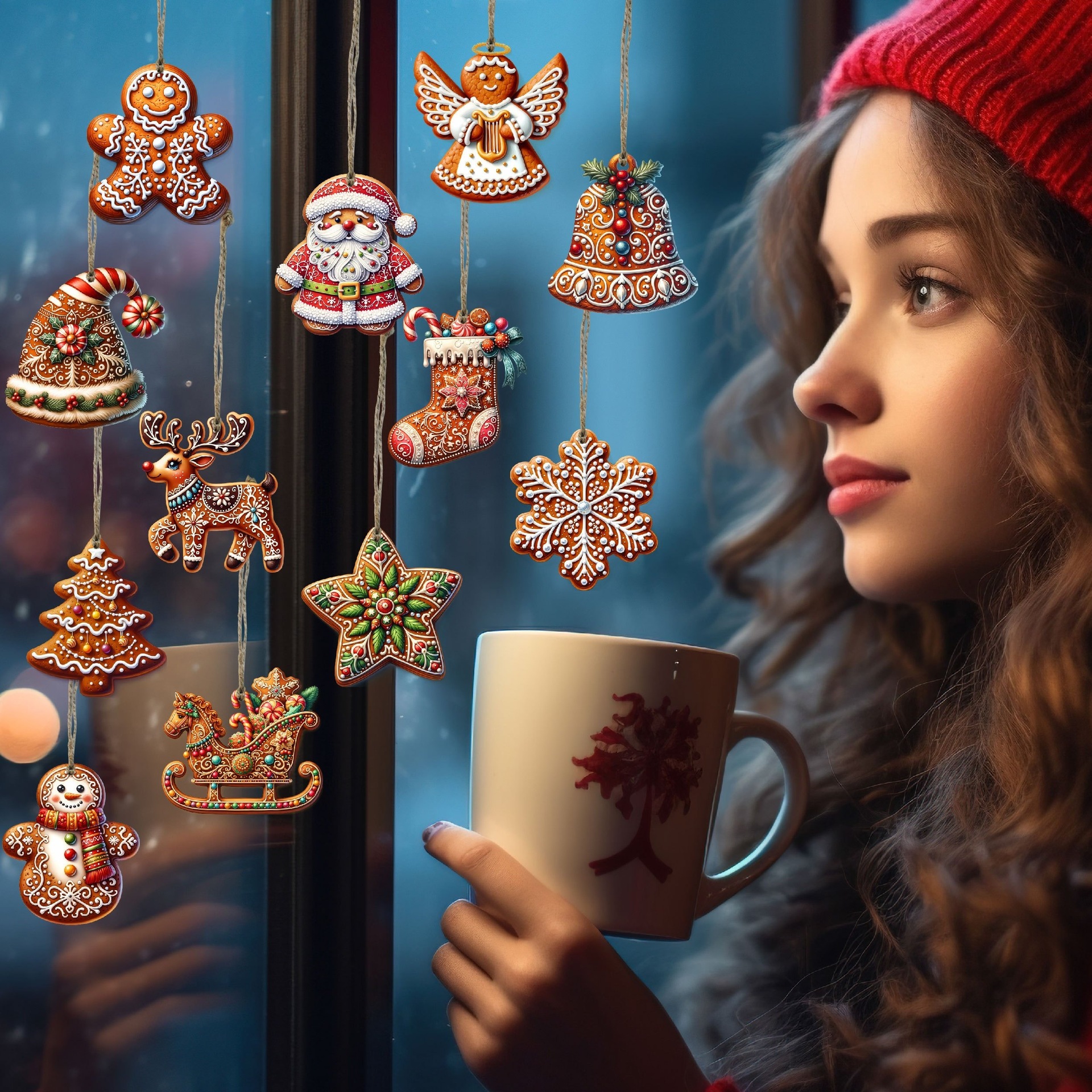12 piezas de madera hecha a mano Navidad Colgante Set Gingerbread Man con patrón de Santa Claus adecuado para la decoración de regalos navideños