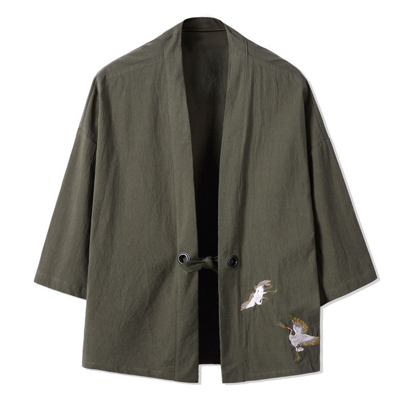 Chaqueta de estilo chino, manga tres cuartos, traje Tang masculino, Hanfu, cárdigan japonés japonés, kimono, lino, pino ancho image 7