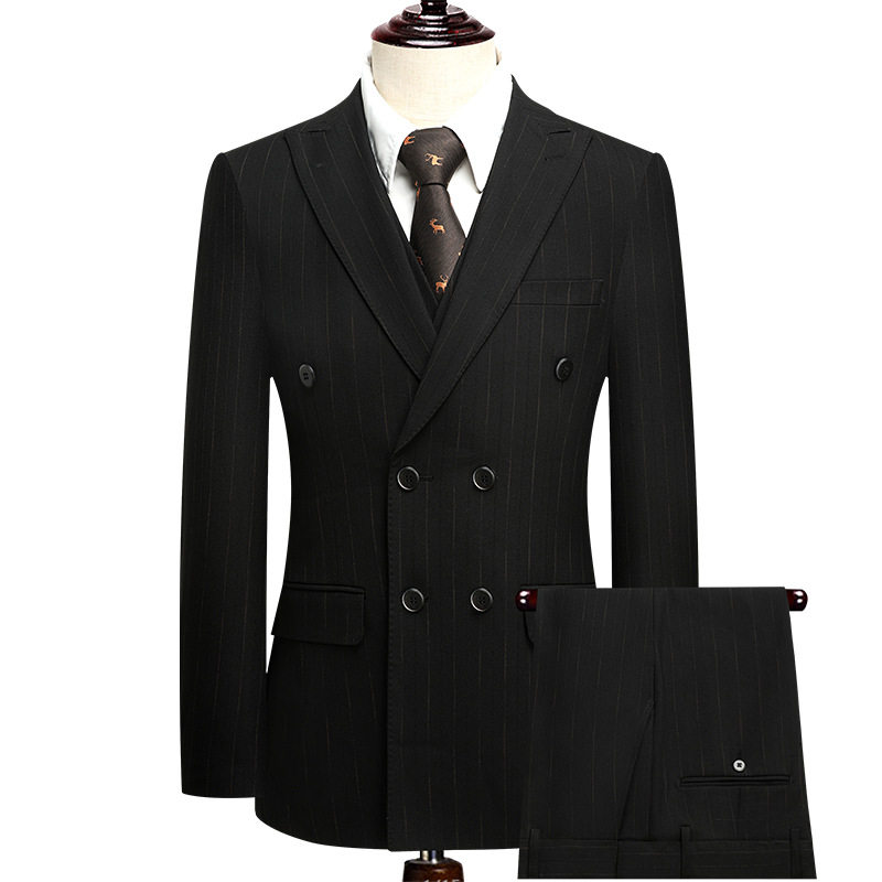 Bộ vest nam ba mảnh ve nhọn cài khuy đôi dáng ôm — Sọc đen quý ông (áo + quần), Sọc đen quý ông (áo + vest + quần)